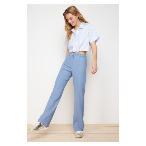 Trendyol Indigo Straight/Straight Fit High Waist Ribbed Stitching Woven Trousers
