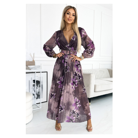 Numoco pleated chiffon long dress with neckline, long sleeves and wide belt