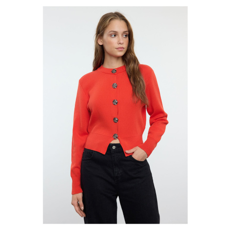 Trendyol Red Premium Yarn/Special Yarn Crop Rose Button Detail Jacket Look Knitwear Cardigan