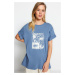 Trendyol Indigo 100% Cotton Printed Boyfriend/Wide Fit Crew Neck Knitted T-Shirt