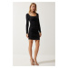 Happiness İstanbul Women's Black Sweetheart Neckline Gathered Sandy Knitted Dress