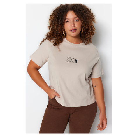 Trendyol Curve Beige Crew Neck Printed Knitted T-Shirt