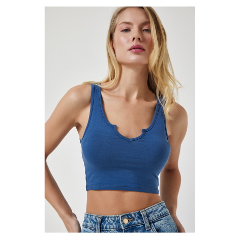 Happiness İstanbul Women's Indigo Blue Strappy Crop Knitted Blouse