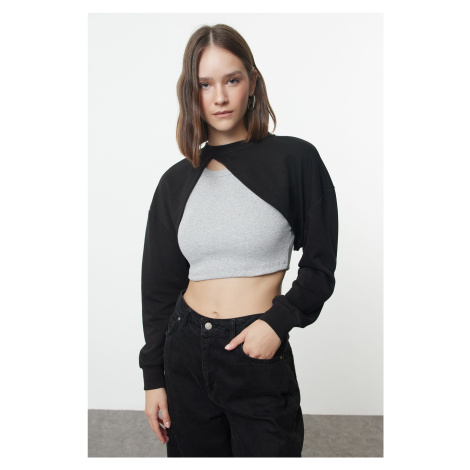 Trendyol Black Asymmetrical Super Crop Crew Neck Thin Knitted Sweatshirt