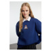 Trendyol Navy Blue Relaxed/Comfortable Pattern Embroidered Thick Knitted Sweatshirt