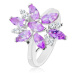 Prsteň v striebornej farbe, veľký kvet z fialových a čírych zirkónov - Veľkosť: 49 mm