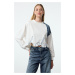 Trendyol Ecru Denim Garni and Embroidery Detail Crop/Short Relaxed Knitted Sweatshirt