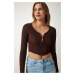 Happiness İstanbul Women's Brown Zippered Ribbed Crop Blouse