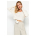 Trendyol Ecru Crop Basic V-Neck Knitwear Sweater