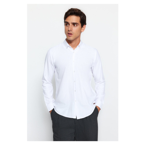 Trendyol White Slim Fit Leather Accessory Easy Iron Smart Oxford Shirt