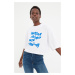 Trendyol White 100% Cotton Slogan Printed Relaxed/Wide, Comfortable Cut Crop Stand-Up Collar Kni