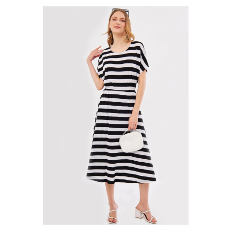 armonika Women's White Decatessera Dress Batwing Sleeve Waist Elastic Skirt Lined Striped Midi L