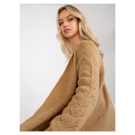 Camel maxi cardigan with openwork pattern