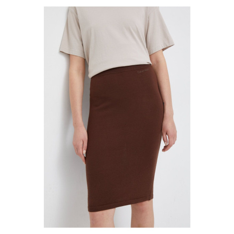 Vlnená sukňa Calvin Klein hnedá farba, midi, puzdrová
