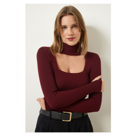 Happiness İstanbul Burgundy Cut Out Detailed High Neck Ribbed Knitwear Sweater