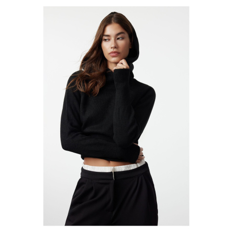 Trendyol Black Soft Textured Hooded Sleeve Finger-Tucked Knitted Sweater