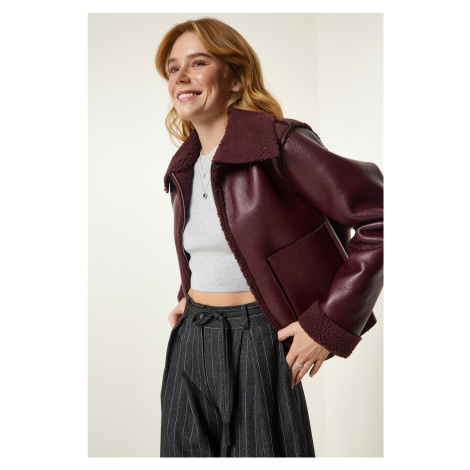 Happiness İstanbul Women's Damson Fur Collar Wide Pocket Faux Leather Jacket