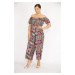 Şans Women's Colorful Plus Size Collar Waist Elastic Detail Woven Viscose Fabric Colored Jumpsui