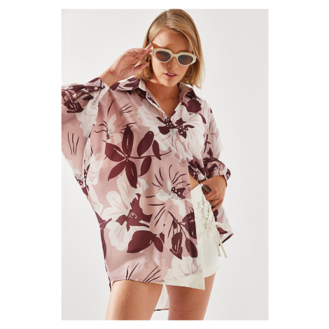 Bianco Lucci Women's Back Long Floral Patterned Shirt 22141