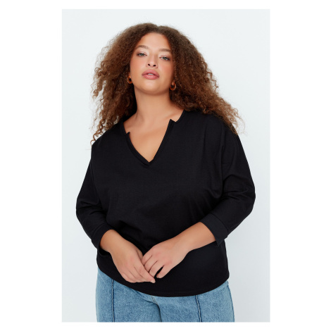 Trendyol Curve Black V-Neck Placket Detailed Thin Knitted Sweatshirt