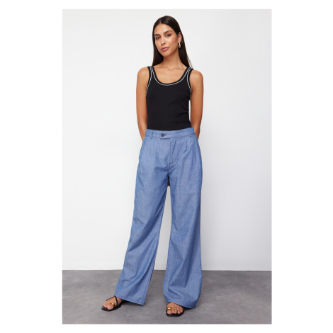 Trendyol Dark Blue Pleated High Waist Wide Leg Jeans