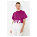 Trendyol Plum 100% Cotton Slogan Printed Relaxed Crop Knitted T-Shirt