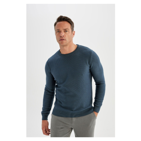 DEFACTO Men's Blue Standard Fit Regular Cut Crew Neck Textured Knitwear Sweater