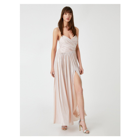 Koton Long Evening Dress Draped Strap Shiny