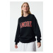 Trendyol Navy Blue Thick Fleece Inside Oversize/Wide Cut Slogan Embroidered Knitted Sweatshirt