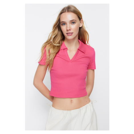 Trendyol Fuchsia Fitted Crop Polo Neck Ribbed Stretch Knitted Blouse