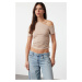 Trendyol Mink Gathered Asymmetrical Collar Stretchy Knitted Blouse