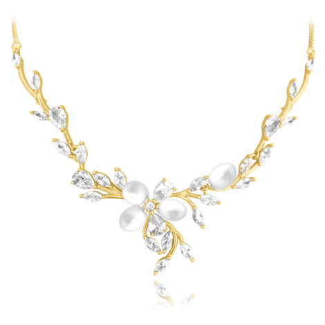 MINET Ozdobný pozlátený strieborný náhrdelník prírodné perly s bielymi zirkónmi - Ag 925/1000 15