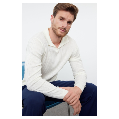 Trendyol Ecru Slim Slim Fit Polo Collar Plain Knitwear Sweater