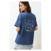 Trendyol Indigo 100% Cotton Faded Effect Back Printed Boyfriend Crew Neck Knitted T-Shirt