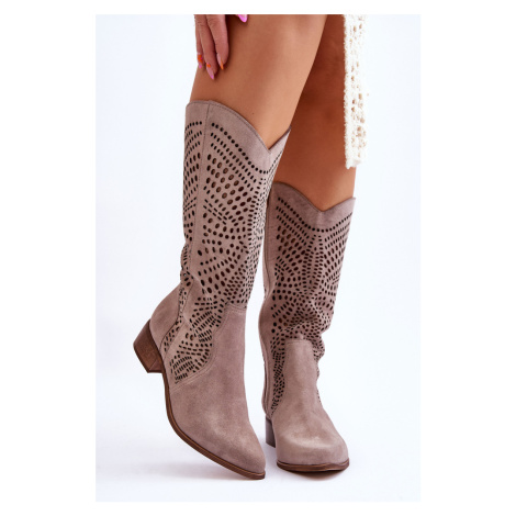 Suede Cowboy Boots Before The Knee Boots Leewski 3305 Cappuccino