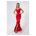 Lafaba Women's Red Satin Evening Dress &; Prom Dress with Straps and a Slit