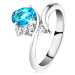 Lesklý prsteň v striebornej farbe, oválny akvamarínový zirkón, úzke ramená - Veľkosť: 62 mm