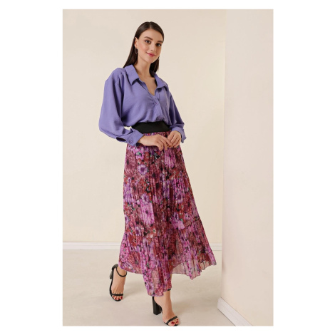 Široký pás Saygı, elastická podšívka, vzor chryzantémy, trojitá plisovaná sukňa fialová