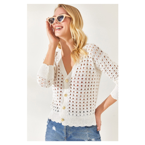 Olalook Women's Ecru Gold Buttoned Cotton Fishnet Cardigan