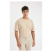 DEFACTO Men's Beige Boxy Fit Wide Cut Crew Neck Waffle Fabric Cotton Short Sleeve Basic T-Shirt