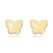 Náušnice zo žltého 14K zlata - lesklý plochý motýlik, kontúra z bielej glazúry