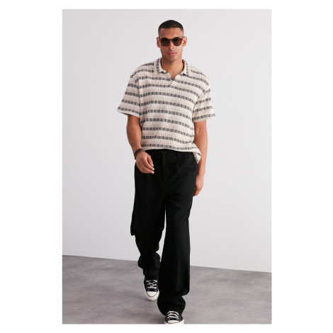 Trendyol Ecru Regular/Normal Cut Low Shoulder Limited Edition Striped Polo Neck T-shirt