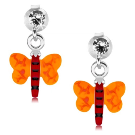 Strieborné 925 náušnice, motýlik s červeným telom a oranžovými krídlami