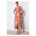 Trendyol Tile Printed Wrap Belted Midi Flexible Knitted Midi Dress