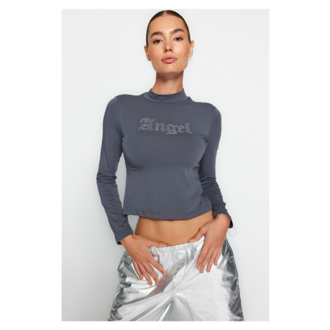 Trendyol Anthracite Stone Slogan Printed Cotton Stretch High Neck Fitted/Situated Knitted Blouse