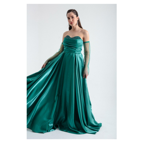 Lafaba Women's Emerald Green Collar Gemstoned Long Sleeves Tulle Evening Dress
