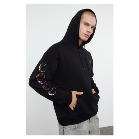 Trendyol Black Oversize/Wide Cut Hooded Fleece/Warm Reflective Print Sweatshirt