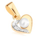 Prívesok z 9K zlata - dvojfarebný obrys srdca, gravírovaná polovica, biela perlička