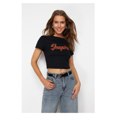 Trendyol Black 100% Cotton Motto Printed Fitted Crop Knitted T-Shirt