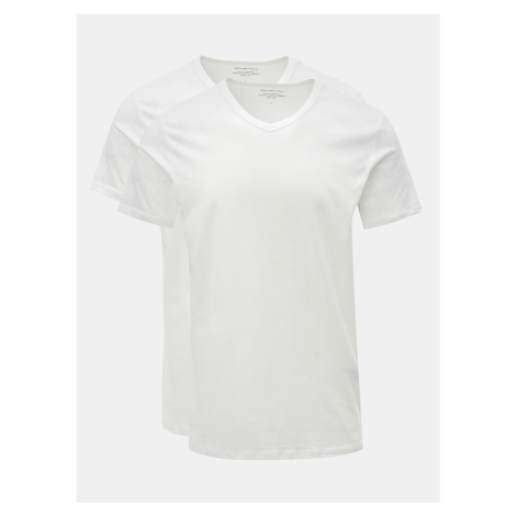 Balenie dvoch bielych basic tričiek s véčkovým výstrihom Jack & Jones